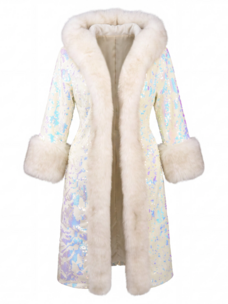 White Faux Fur Trim Hooded Sequin Coat