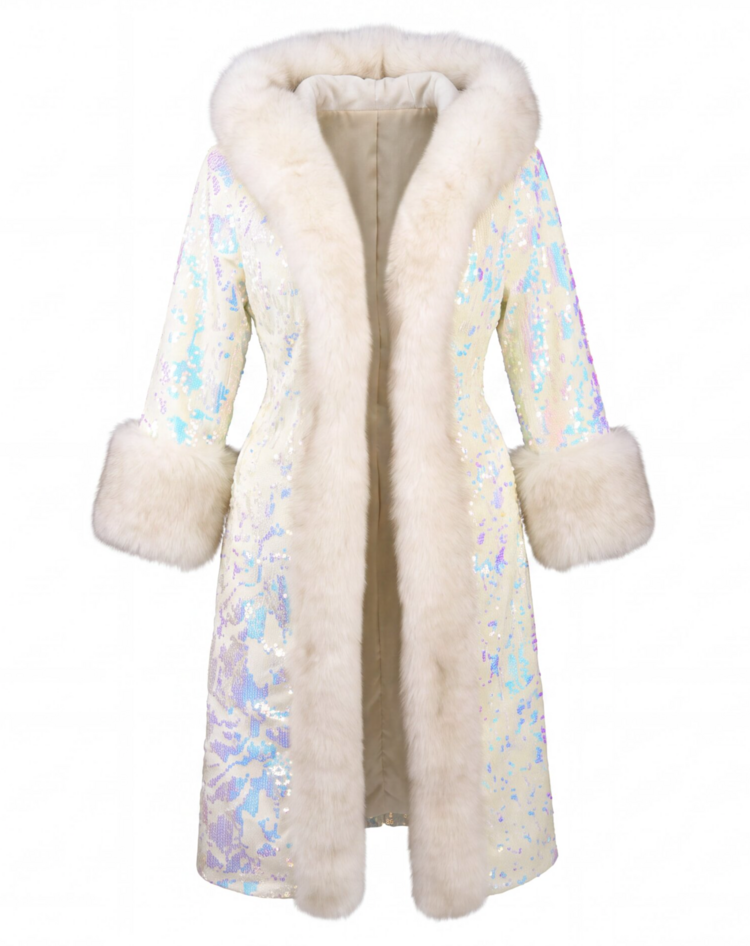White Faux Fur Trim Hooded Sequin Coat