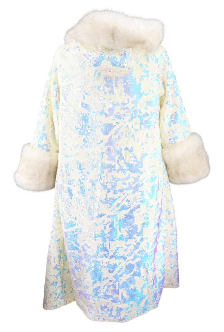 White Faux Fur Trim Hooded Sequin Coat