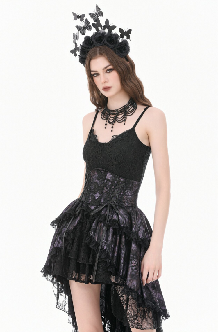Gothic Lace Trim Hi-Lo Corset Bustle Black/Purple