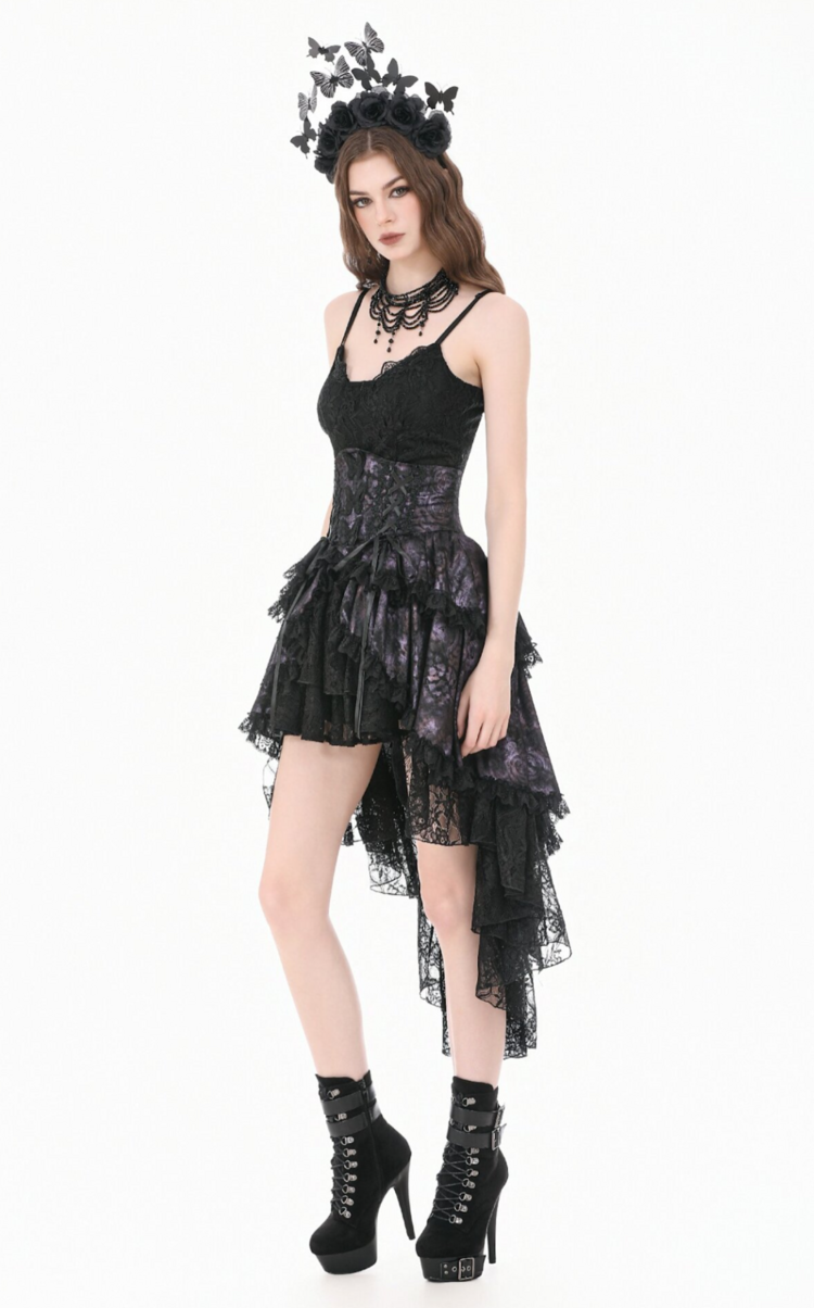 Gothic Lace Trim Hi-Lo Corset Bustle Black/Purple