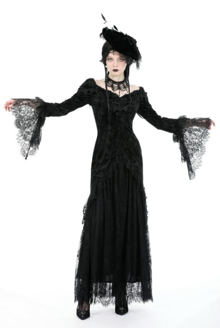 Gothic Lace Bell Sleeve Corset Back Dress