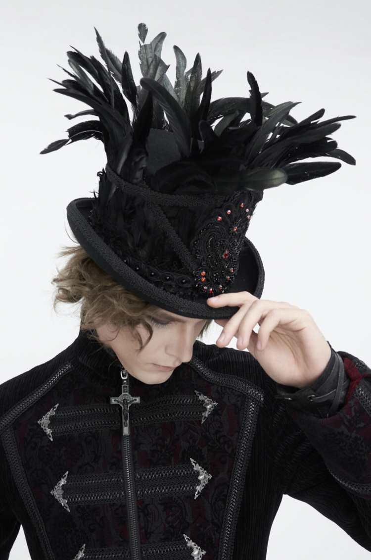 Gothic Rhinestone Feather Top Hat