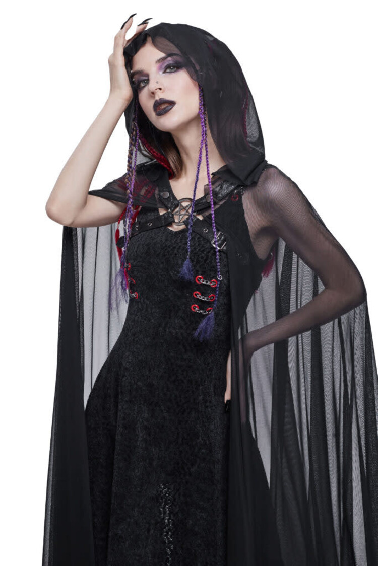 Gothic Black Long Hooded Cape w/ Harness