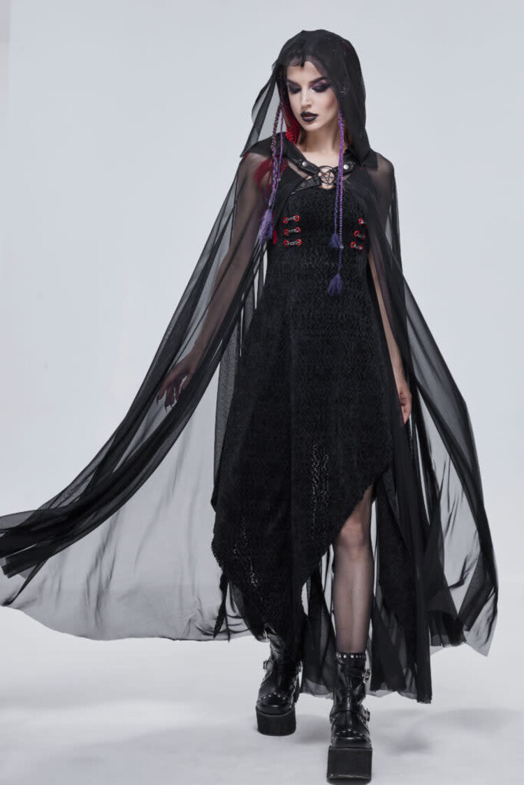 Gothic Black Long Hooded Cape w/ Harness