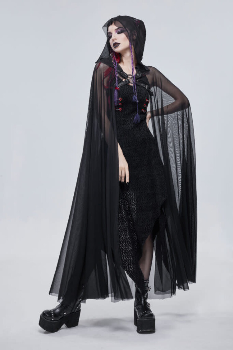 Gothic Black Long Hooded Cape w/ Harness