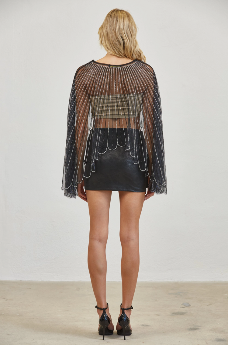 Vestis M Crystal Beaded Scalloped Mesh Cape Top