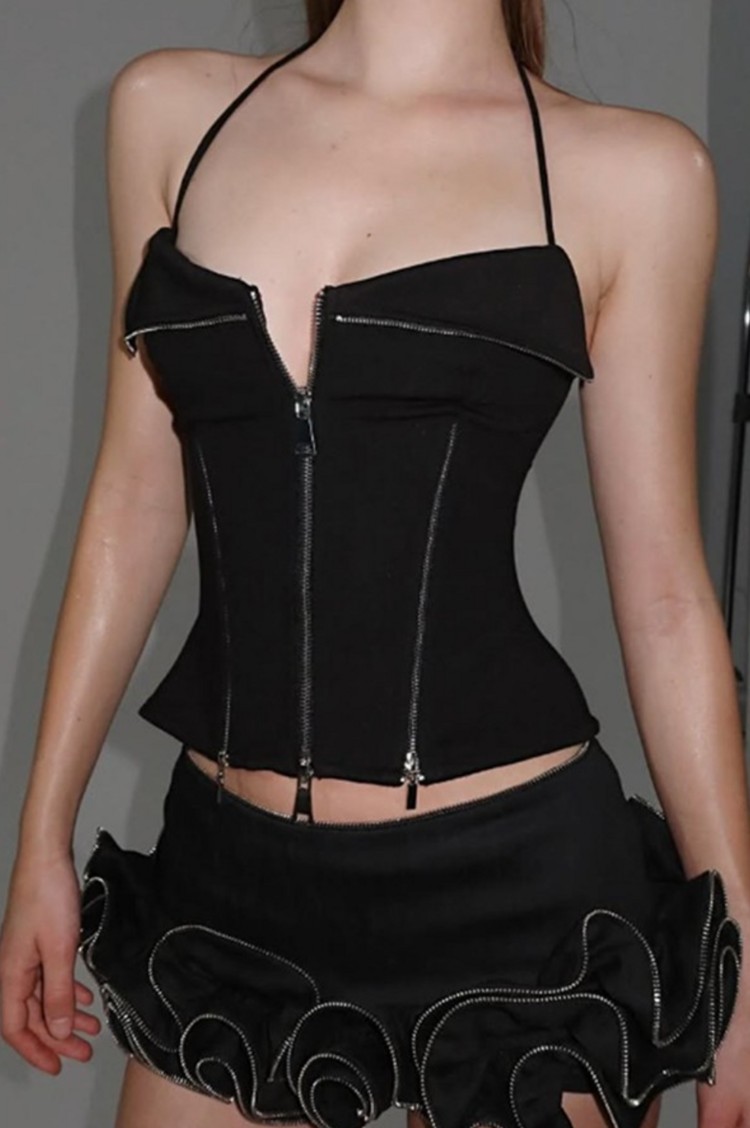 Gothic Cropped Zip Halter Corset Top Black