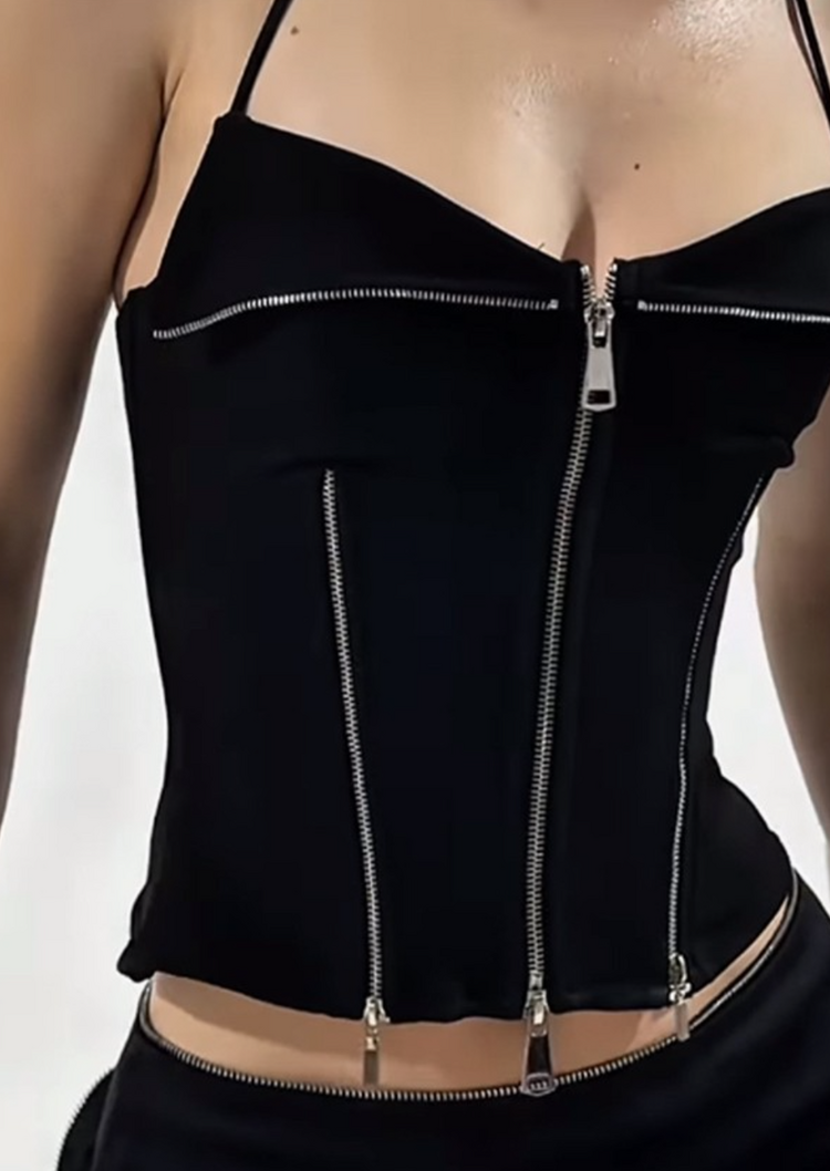 Gothic Cropped Zip Halter Corset Top Black