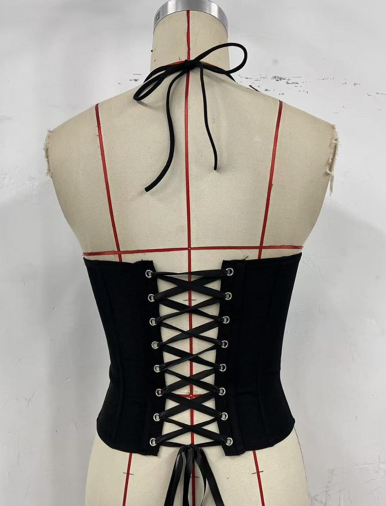 Gothic Cropped Zip Halter Corset Top Black
