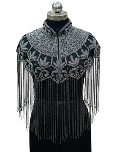 Ornate Silver and Black Beaded Shawl with Long Fringe