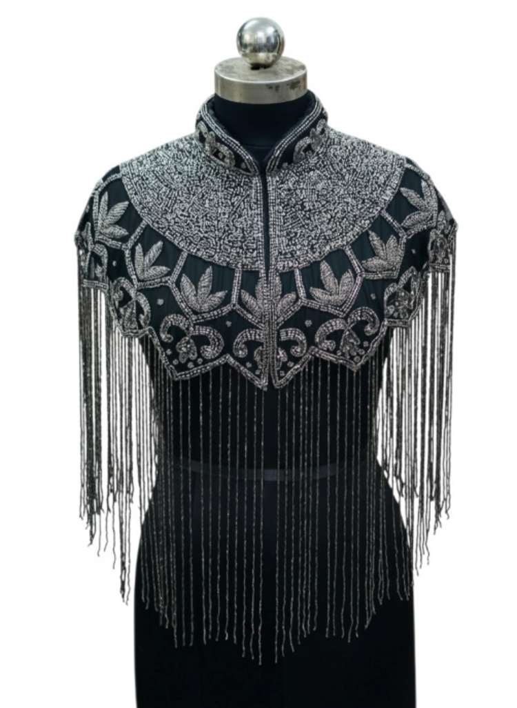 Ornate Silver and Black Beaded Shawl with Long Fringe