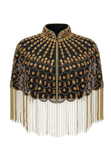 Beaded Scallop Hem Shawl with Fringe Black and Gold