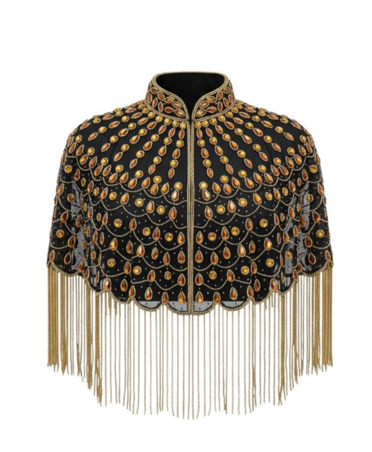 Beaded Scallop Hem Shawl with Fringe Black and Gold
