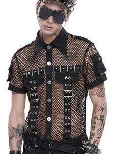 Punk Fishnet Button Up Shirt with Metal Detail Black