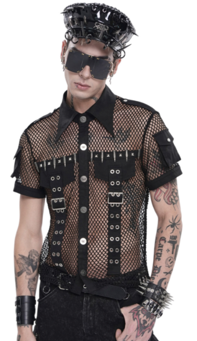 Punk Fishnet Button Up Shirt with Metal Detail Black
