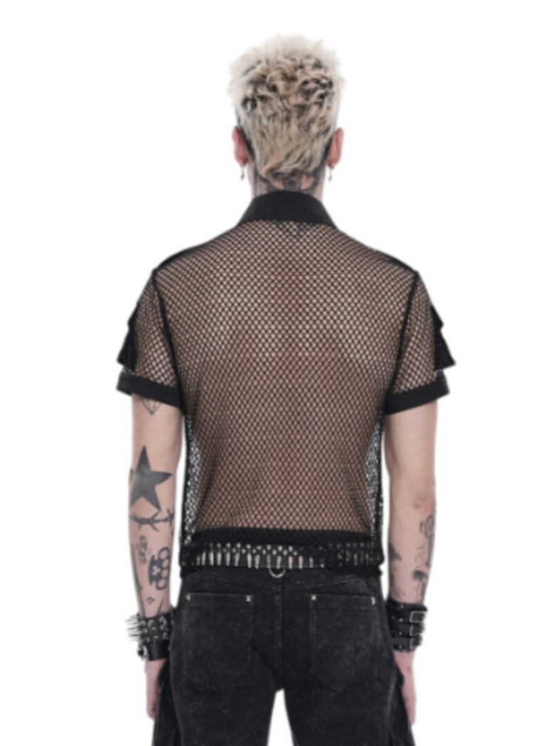 Punk Fishnet Button Up Shirt with Metal Detail Black