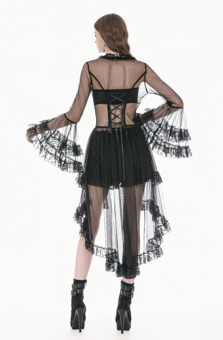 Gothic Sheer Lace Trim Hi-Lo Dress Black