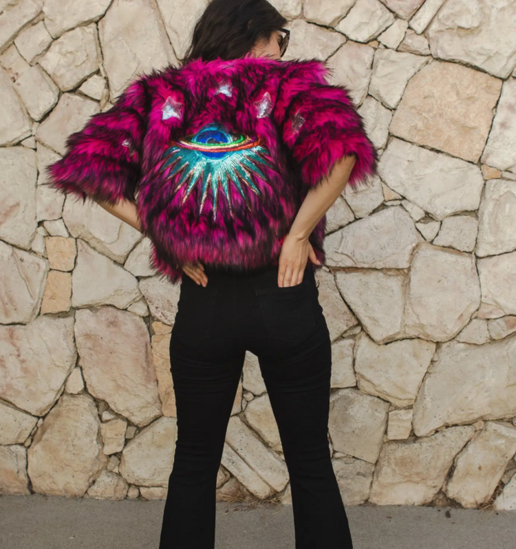 Planet Queen Faux Monster Fur Crop Jacket