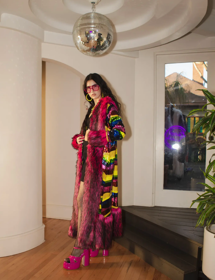 Penny Deluxe Rainbow Road Faux Fur Trim Coat