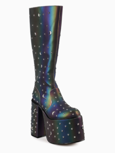 Star and Moon Reflective Platform Knee High Boots