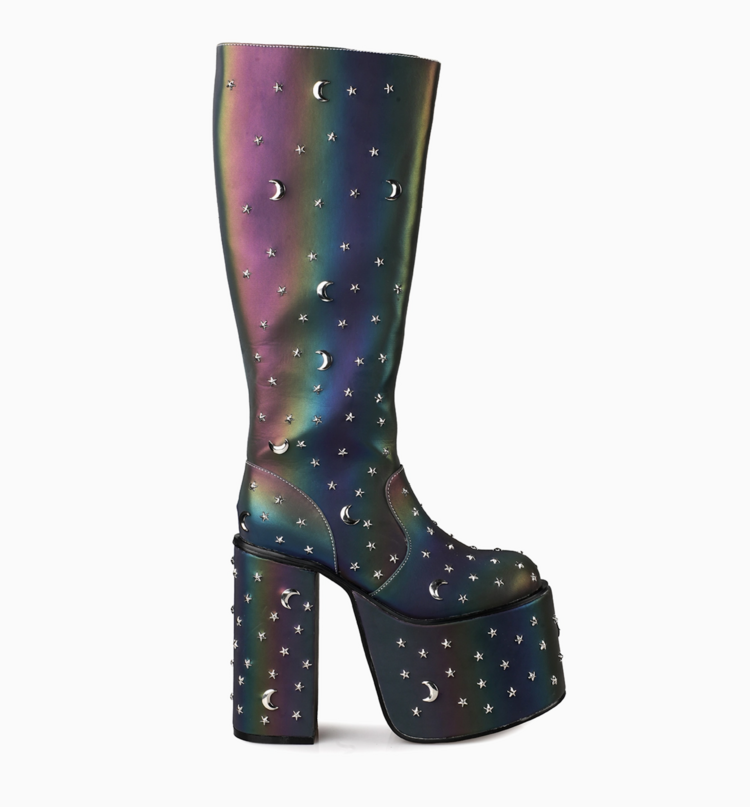Star and Moon Reflective Platform Knee High Boots