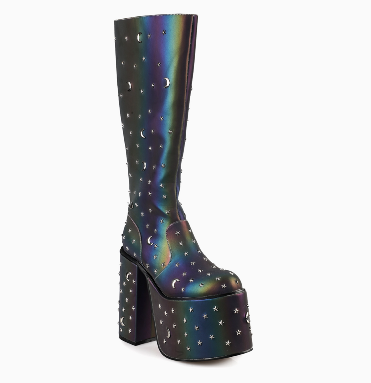 Star and Moon Reflective Platform Knee High Boots