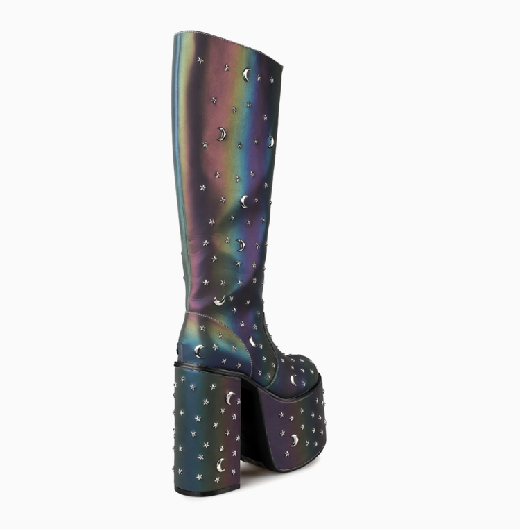 Star and Moon Reflective Platform Knee High Boots