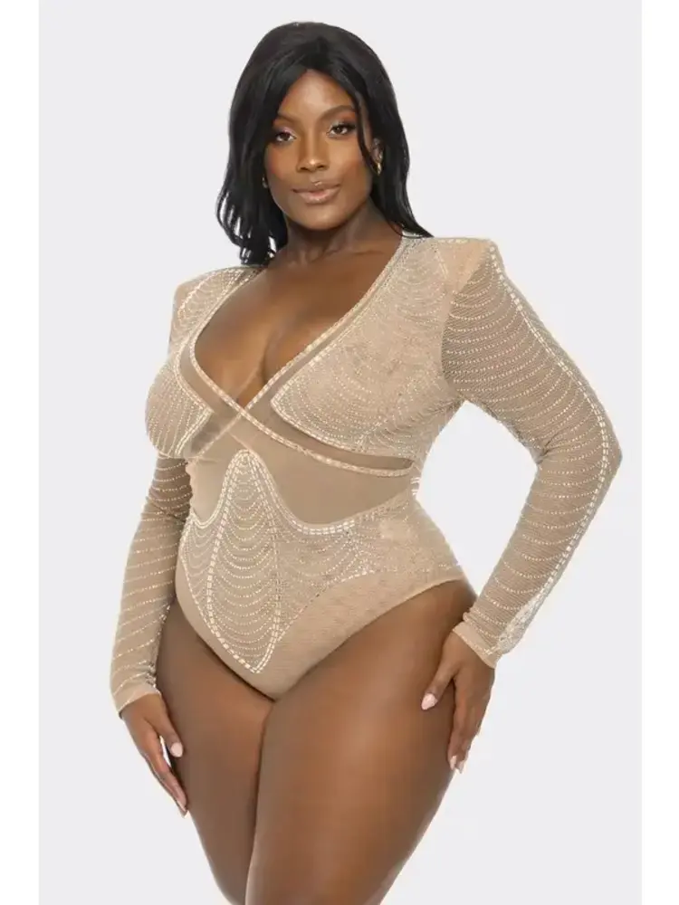 Plus Size Rhinestone Fishnet Bodysuit  Nude
