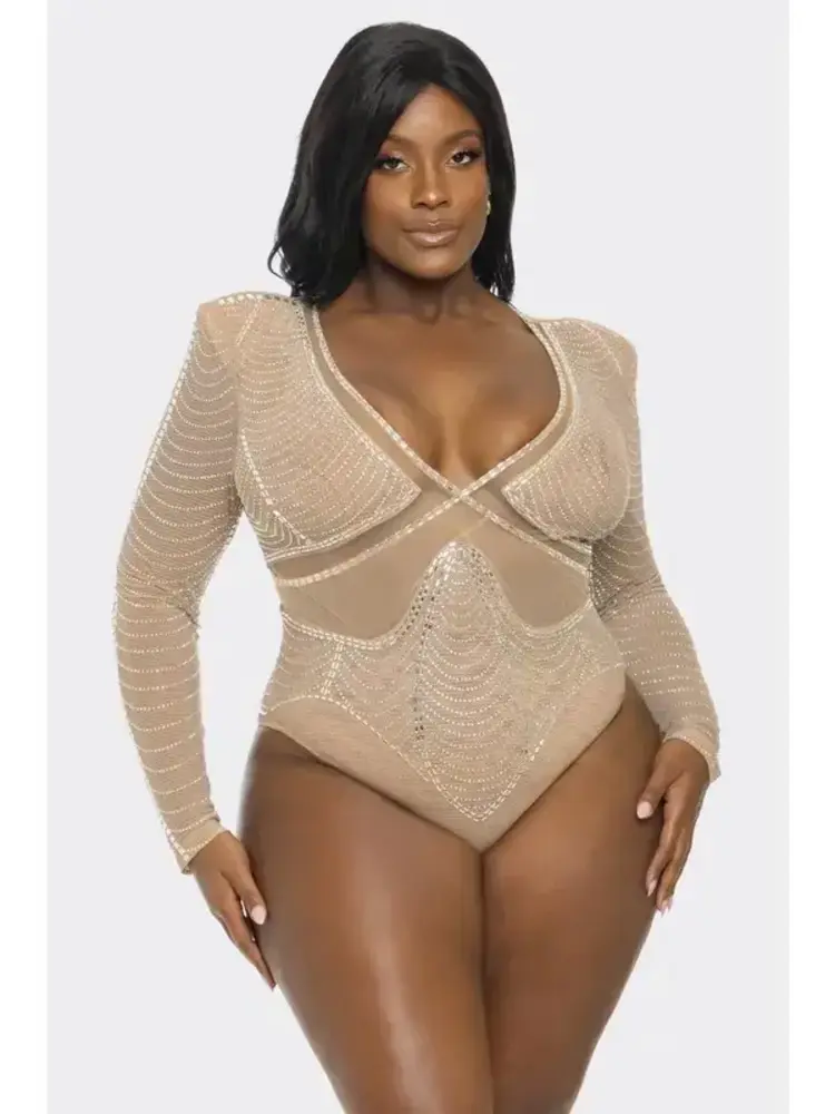 Plus Size Rhinestone Fishnet Bodysuit  Nude