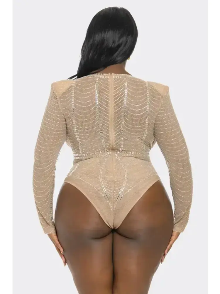 Plus Size Rhinestone Fishnet Bodysuit  Nude