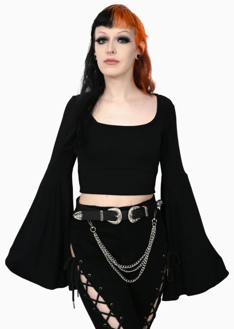 Bell Sleeve Square Neck Crop Top Black