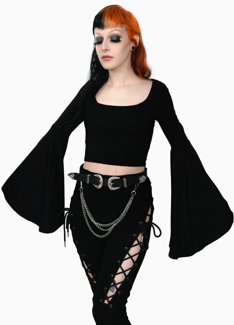 Bell Sleeve Square Neck Crop Top Black