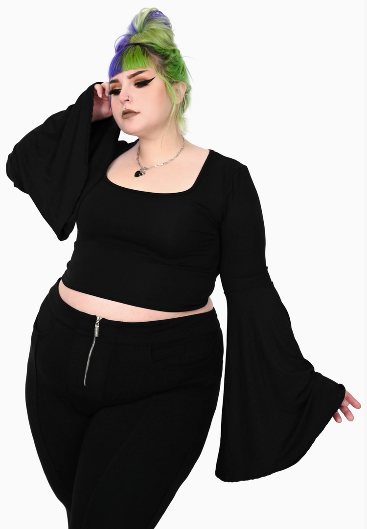 Bell Sleeve Square Neck Crop Top Black