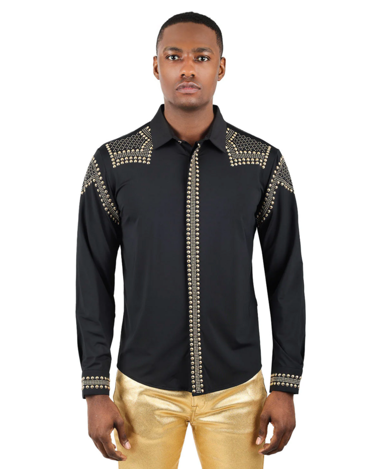 Rivet Studded Long Sleeve Shirt Black and Gold