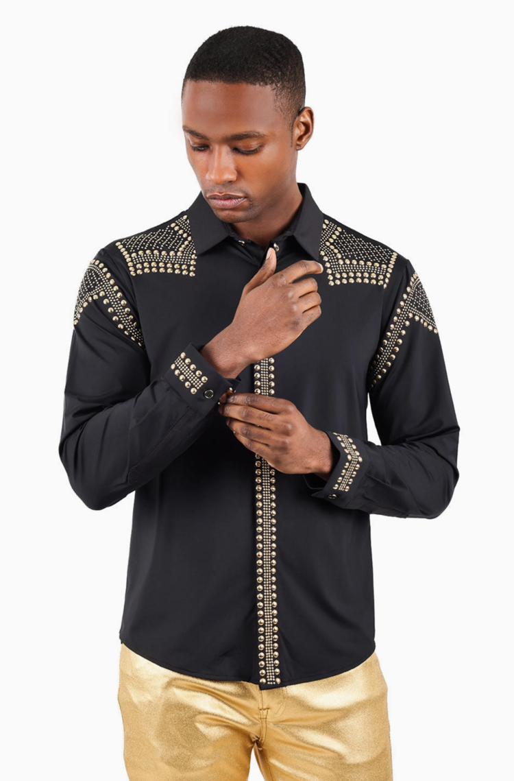 Rivet Studded Long Sleeve Shirt Black and Gold