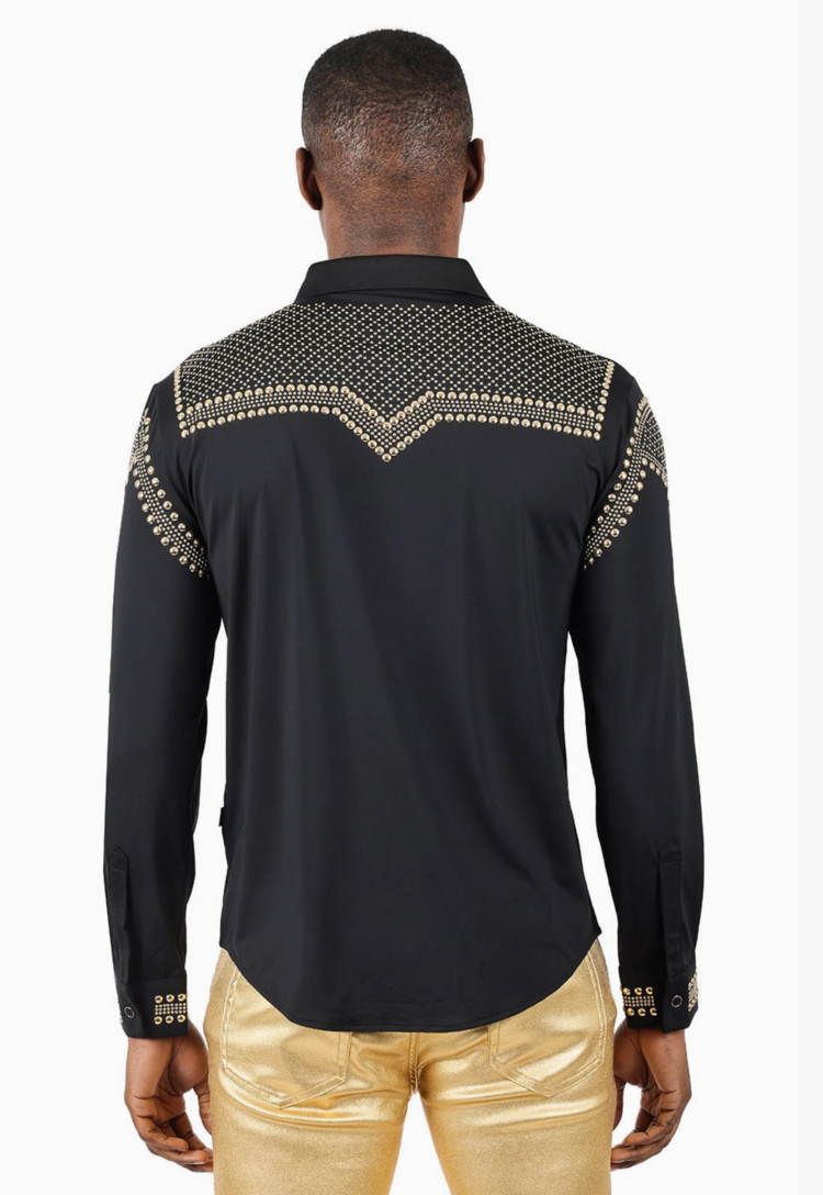 Rivet Studded Long Sleeve Shirt Black and Gold