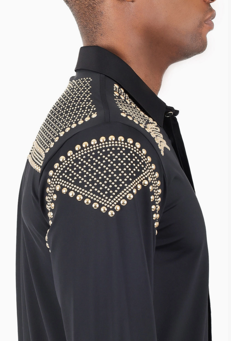 Rivet Studded Long Sleeve Shirt Black and Gold