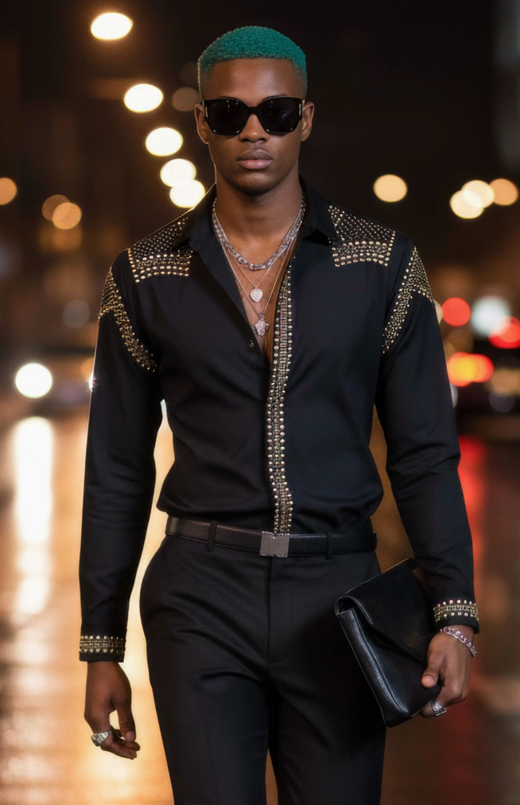 Rivet Studded Long Sleeve Shirt Black and Gold