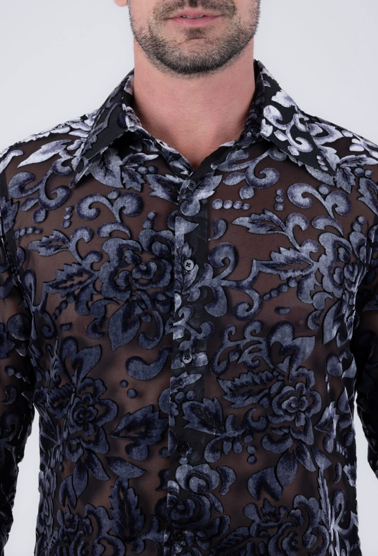 Noir Velvet Burnout Sheer Long Sleeve Shirt Black and Silver