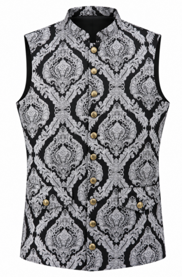 Damask Jacquard Vest Nehru Collar