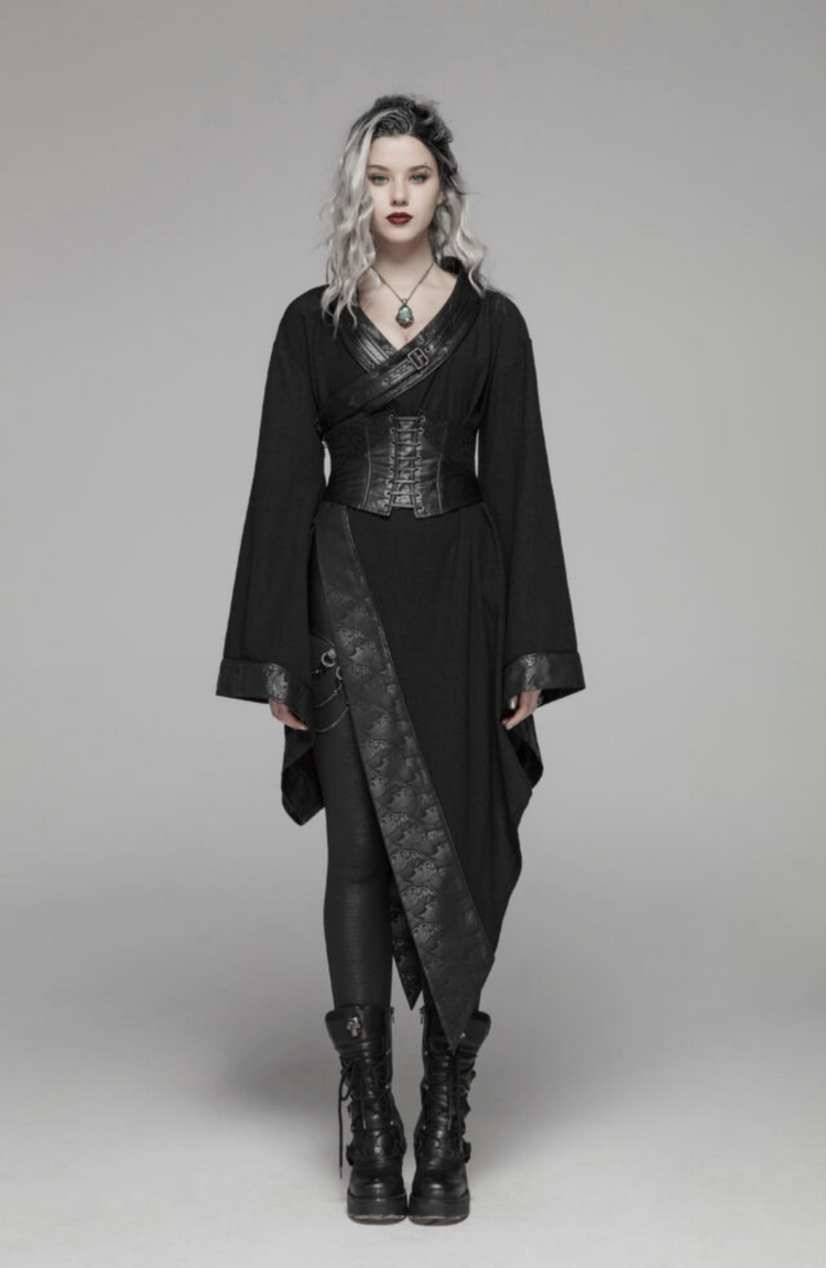 Dark Punk Asymmetric Kimono With Waist Cincher