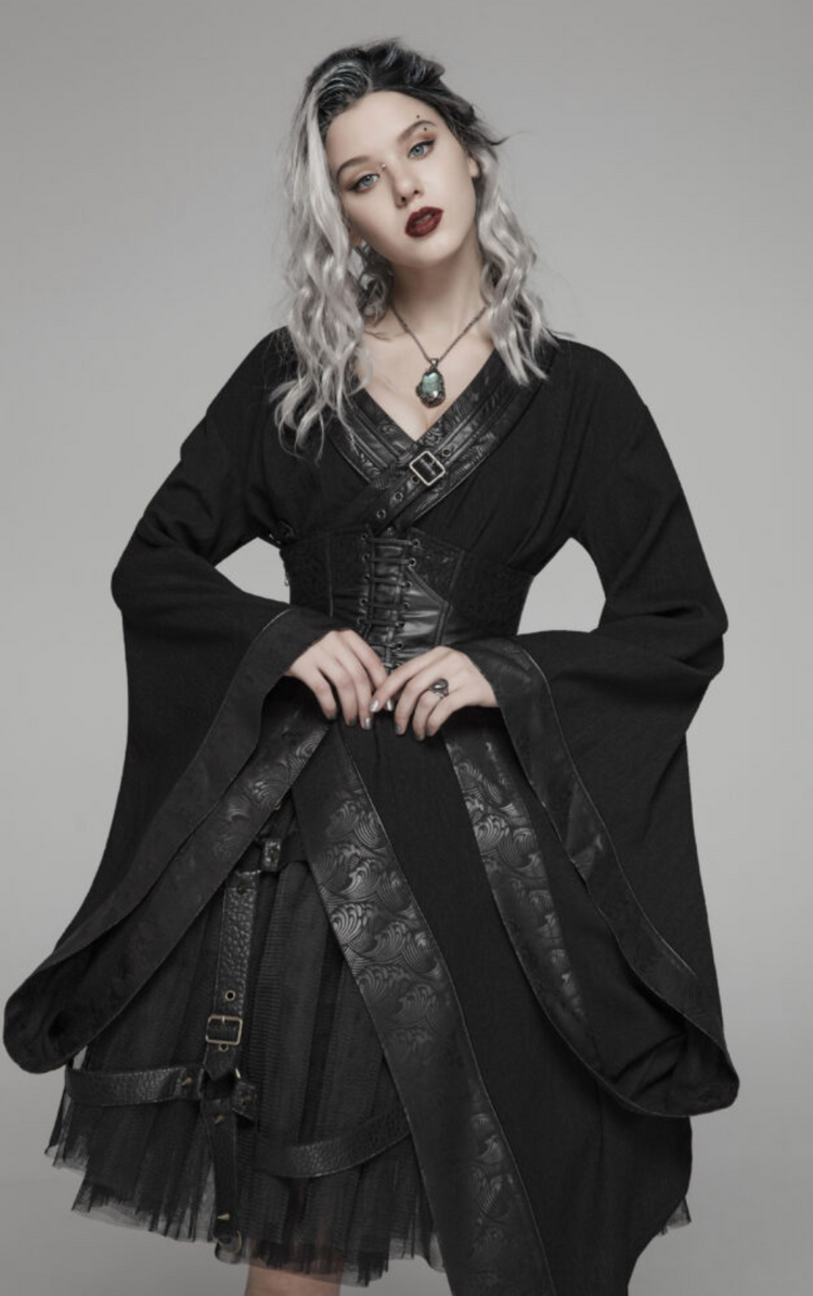 Dark Punk Asymmetric Kimono With Waist Cincher