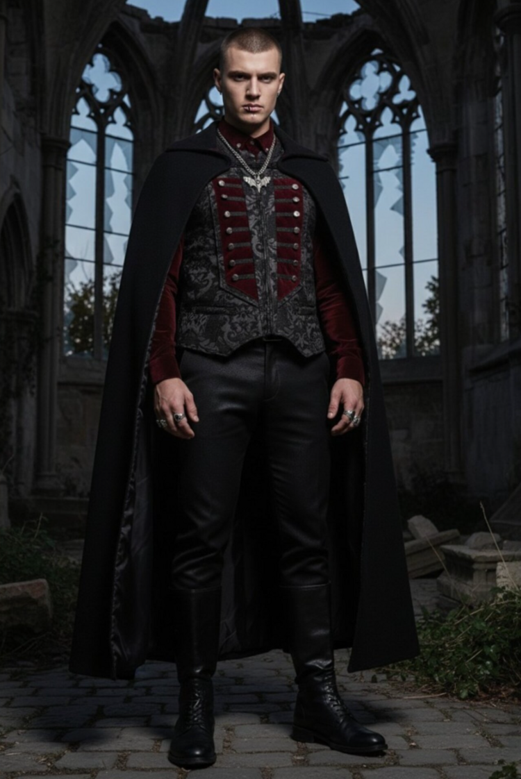Gothic Velvet Brocade Vest Black/Burgundy