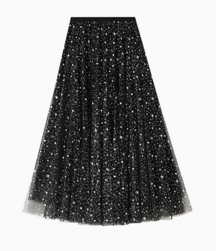 Starry Sequin Tulle A-Line Midi Skirt OS