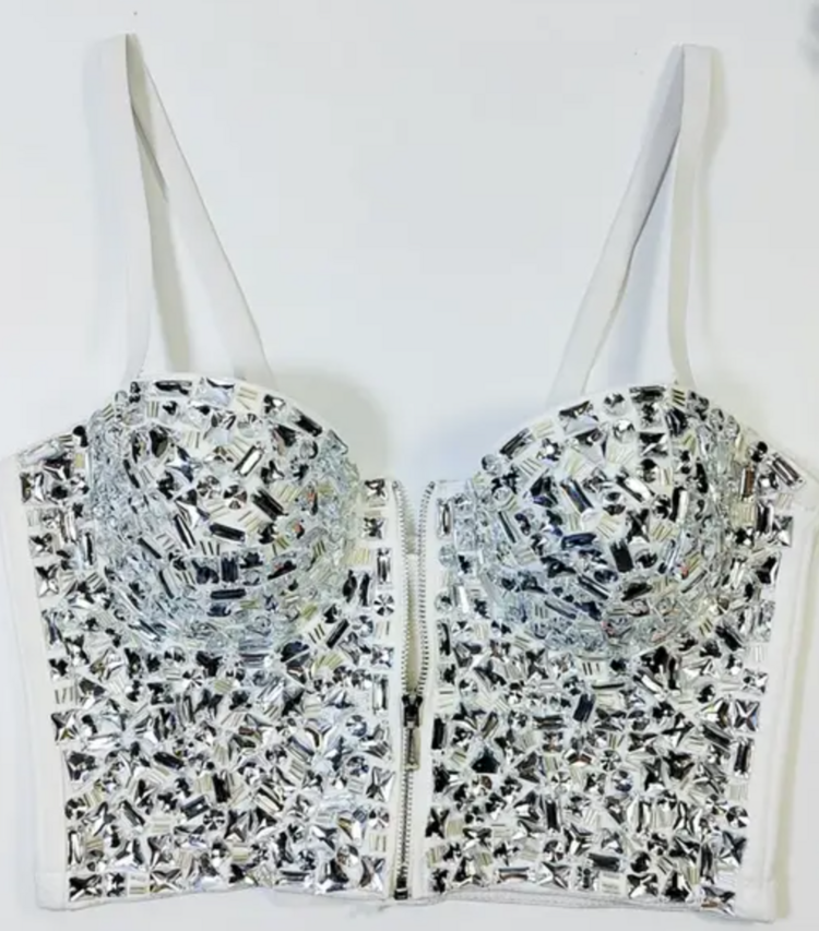 Chunky Rhinestone Zip Up Corset Top