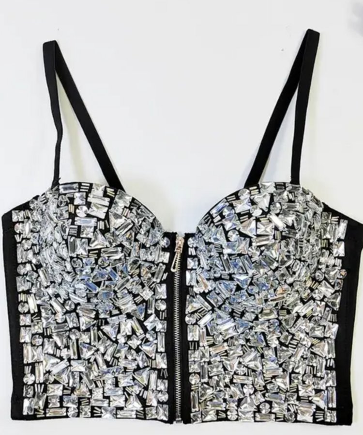 Chunky Rhinestone Zip Up Corset Top
