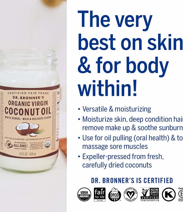 Dr. Bronner's Dr. Bronner's Coconut Oil, Virgin, White Kernel, Organic, 14oz.