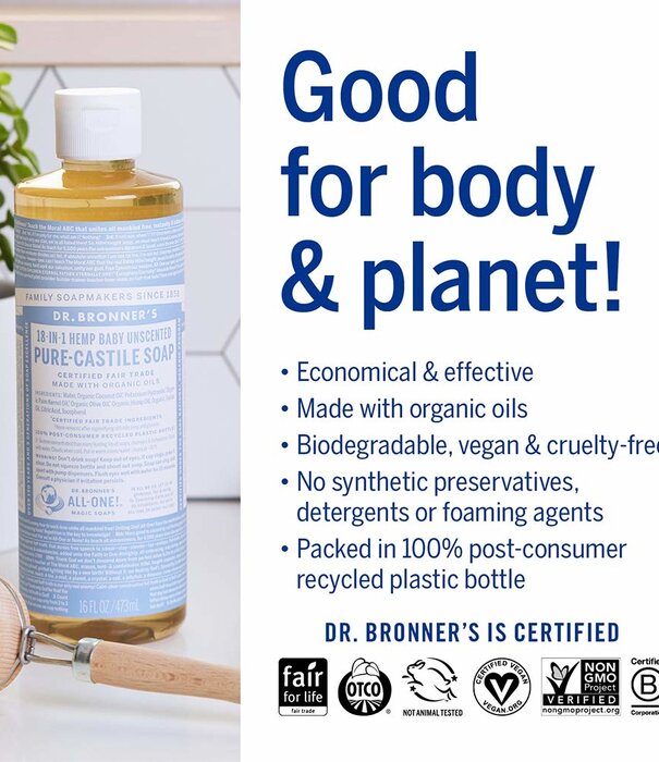 Dr. Bronner's Dr. Bronner's Pure Castile Liquid Soap, Unscented Baby Soap, 16oz.
