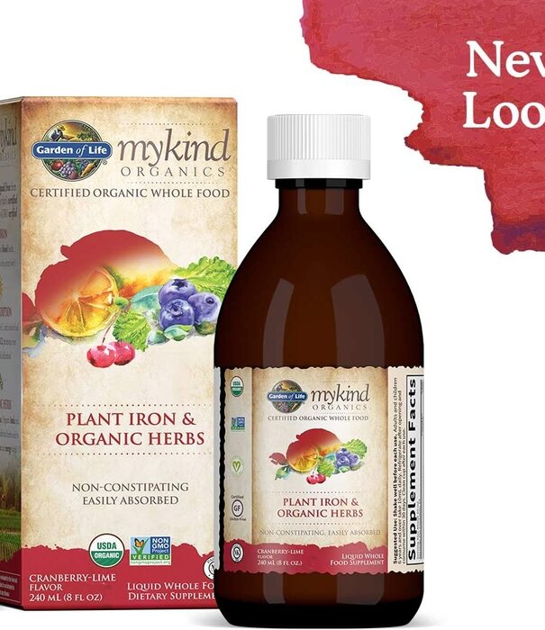 Garden of Life GoL myKIND Organics Plant-Sourced Iron+Herbs (Cran-Lime), 8oz.